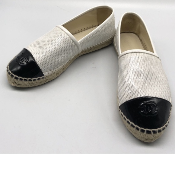 Chanel CC White Sequin/Black Cap Toe Espadrille Flat sz 36 - Picture 1 of 6